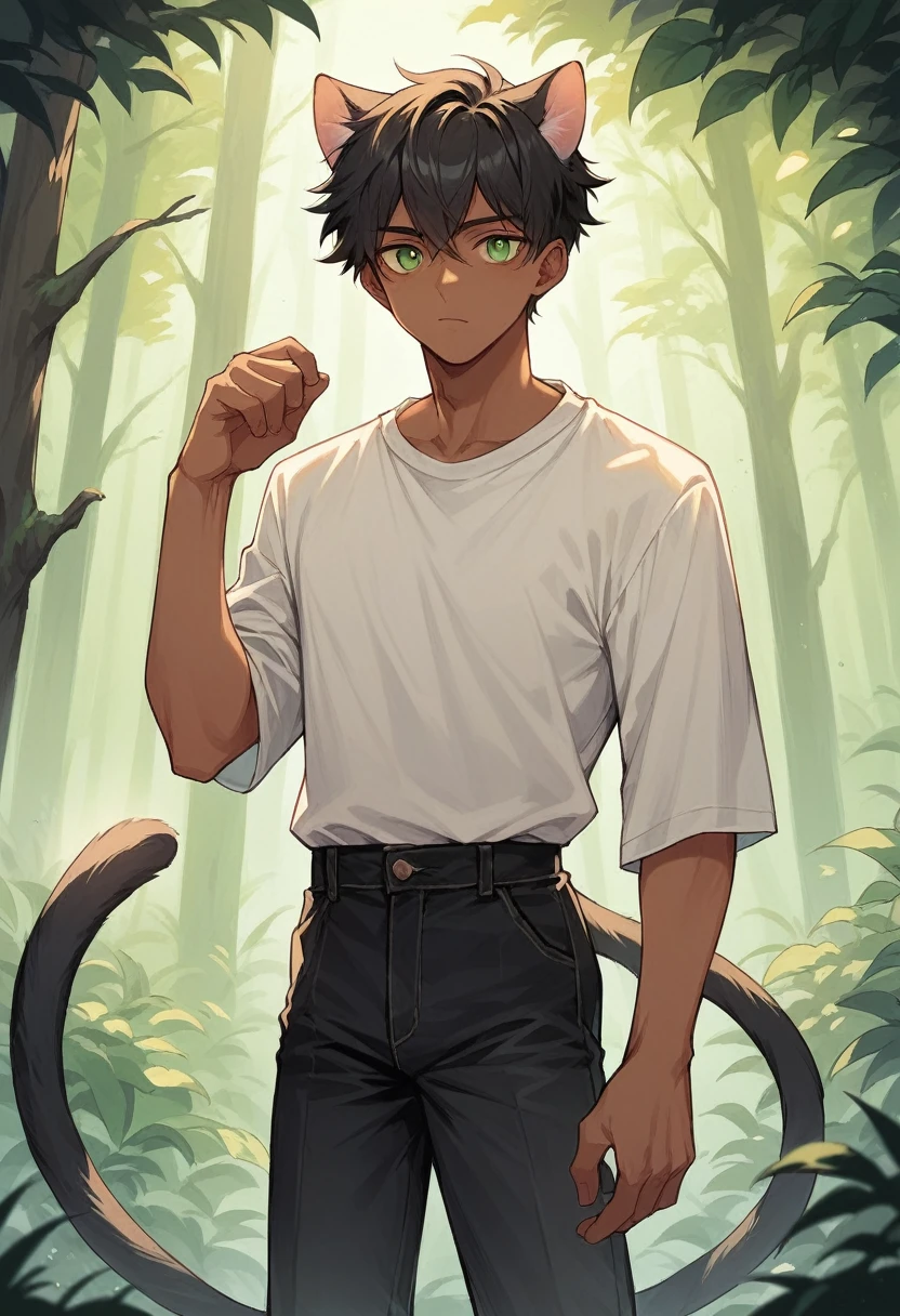 (Cowboy Shot) A young adult man, 21, with long darkhair, tan skin, emerald eyes, cat tail and ears, a plain white shirt, and dark trousers, in a forest.