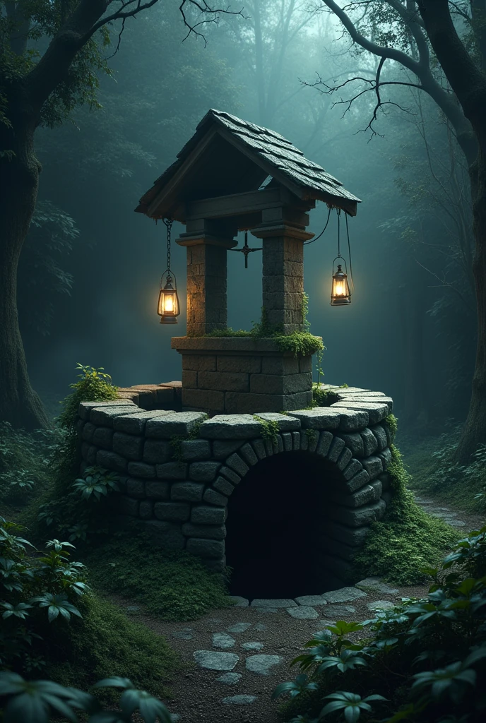 An ancient well, with a weathered, mossy stone structure, located in the center of a shadowy clearing. The inside of the well is a deep, black abyss, with no visible water. Lantern light illuminates the edge of the pit, but the darkness at the bottom is impenetrable, creating a feeling of emptiness and terror. The surrounding environment is dark and closed, with dense vegetation that gives the well an air of isolation.