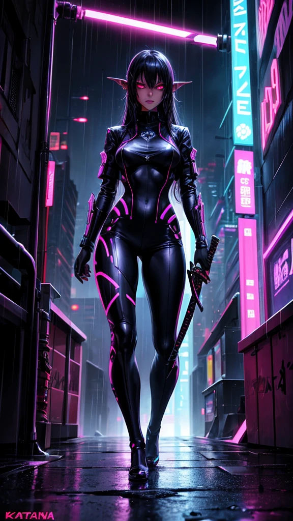 dark Elf, Young woman, cyberpunk, full length, night, rain, neon city, katana, blurred background