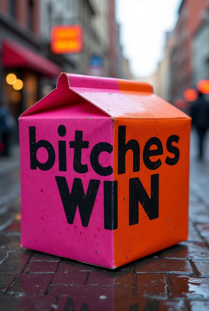 Hamburger box with fuchsia and orange that says bitches win in street type lettering