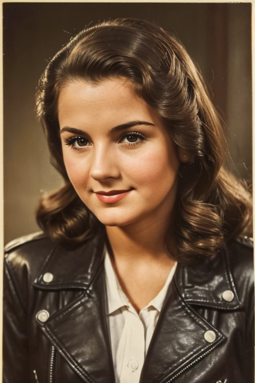 Medium view, of young aged, 16 year old, mom, gilf, milf, face portrait, jewish features, chubby, long hair, brown hair, 1940s hair style, 1940s clothing, leather jacket, in berlin 1936, sweaty