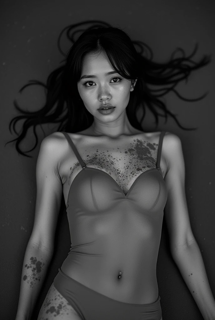 Asian Girl, Transparent dirty dress, She is lying on her back in the wet mud, dark, Her body is dirty, Mud on her face, Monochrome, Black and White Photography, Mud on her body, Low light, Ultra-high resolution photos, eye contact, Sexy pose,
