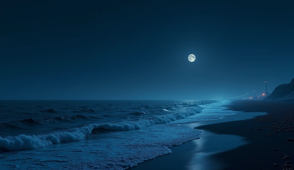 cold night with starry sky, freezing Atlantic sea, in the background blurred, very far away, small dots of lights from fishing boats