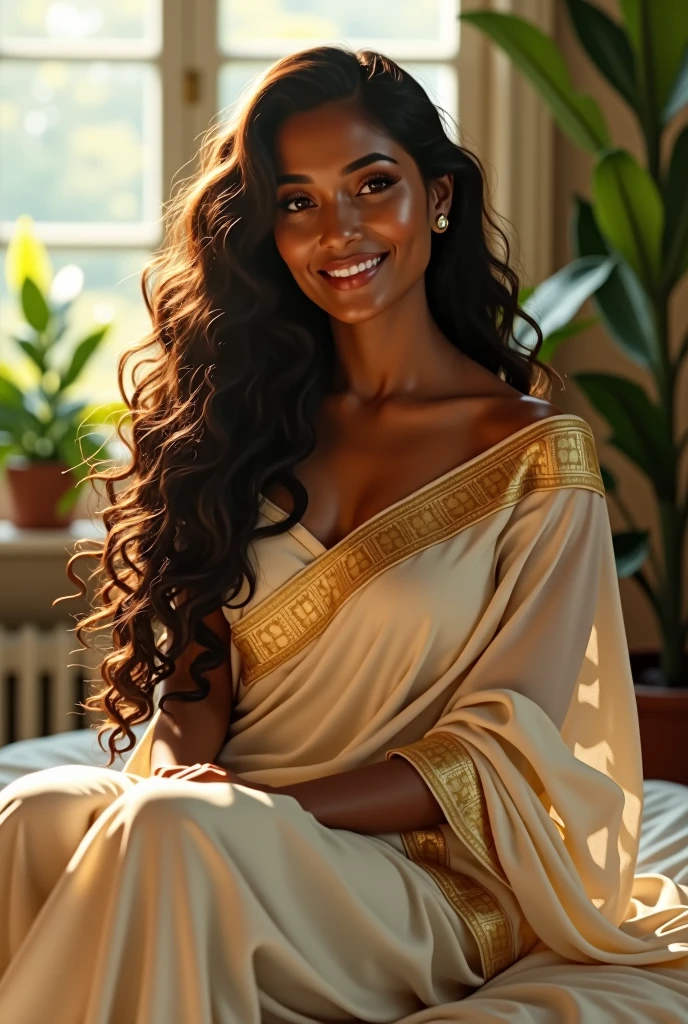 photorealism:1.2), beautiful extremely fair Malayali woman, 22 year, very long face, narrow eyes, sitting on bed, wearing traditional kerala dress, very big chest, long curly hair, indoors, back lighting on hair , plants in background, window with sunlight, cozy room, relaxed sexy inviting pose, realistic, intricate details, off white kerala sari with golden kasavu