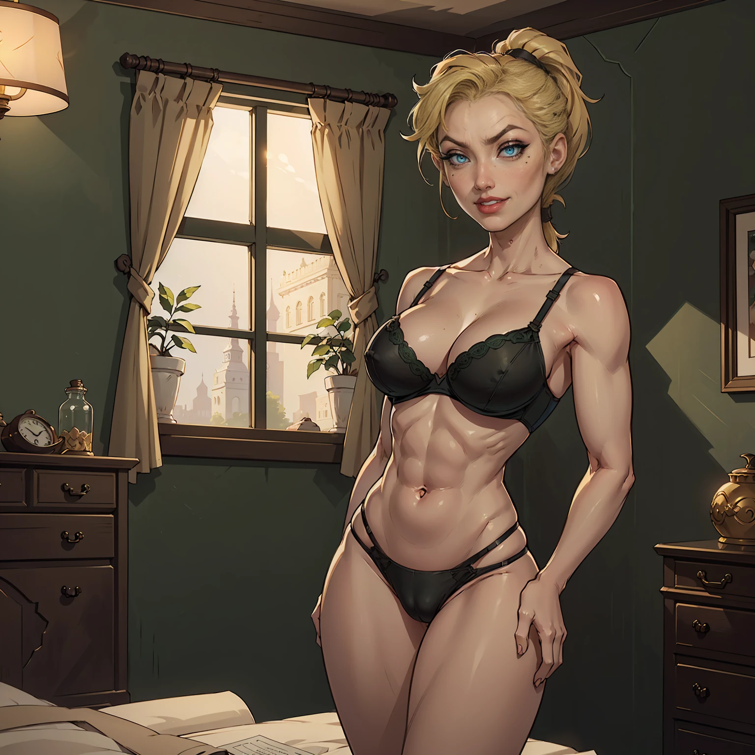 ((solo,1woman, mature, alone))), sinclair, ((blonde hair, ponytail,  glowing green eyes, wide eyes, makeup, narrow waist, skinny, medium breast)), pelvic curtain, ((black panties, black bra)), full body, perfect body, (insanely detailed, beautiful detailed face, masterpiece, best quality), (extremely detailed 8k paper CG wall unit: 1.1), (bedroom settings), (smile face for the viewer), cameltoe view, 