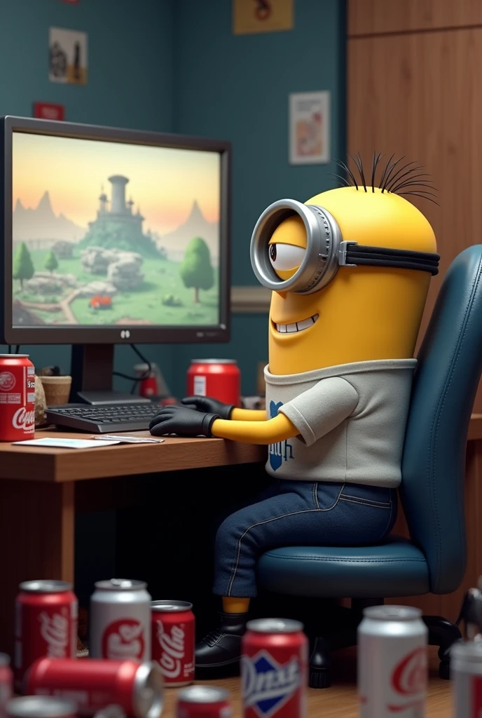 Minion from the cartoon "Despicable Me" who has it written on his T-shirt "Dima" sits at the computer and plays the game heart of iron 4,and he has a lot of empty cans of drink on his table