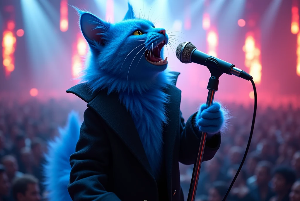 blue cat, on the stage, wearing black coat, blue hair, singing , microphone, rock concert, rock festival, screaming, singing, rockstar,from above, close up