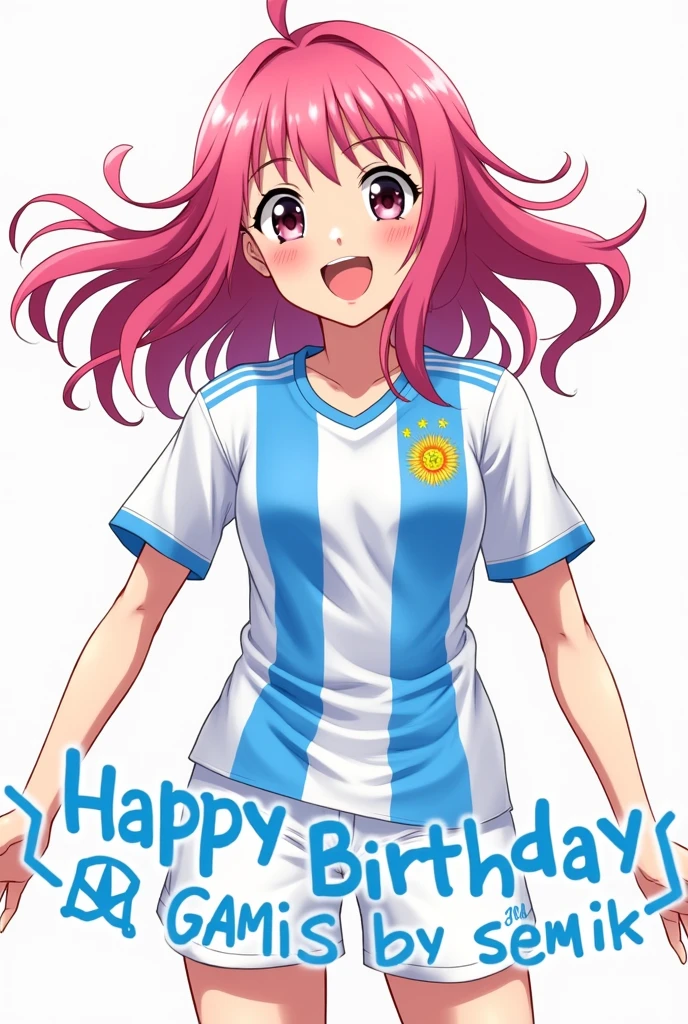 Demon Slayer Mitsuri with the Argentina shirt with a white background and below it says happy birthday in Spanish