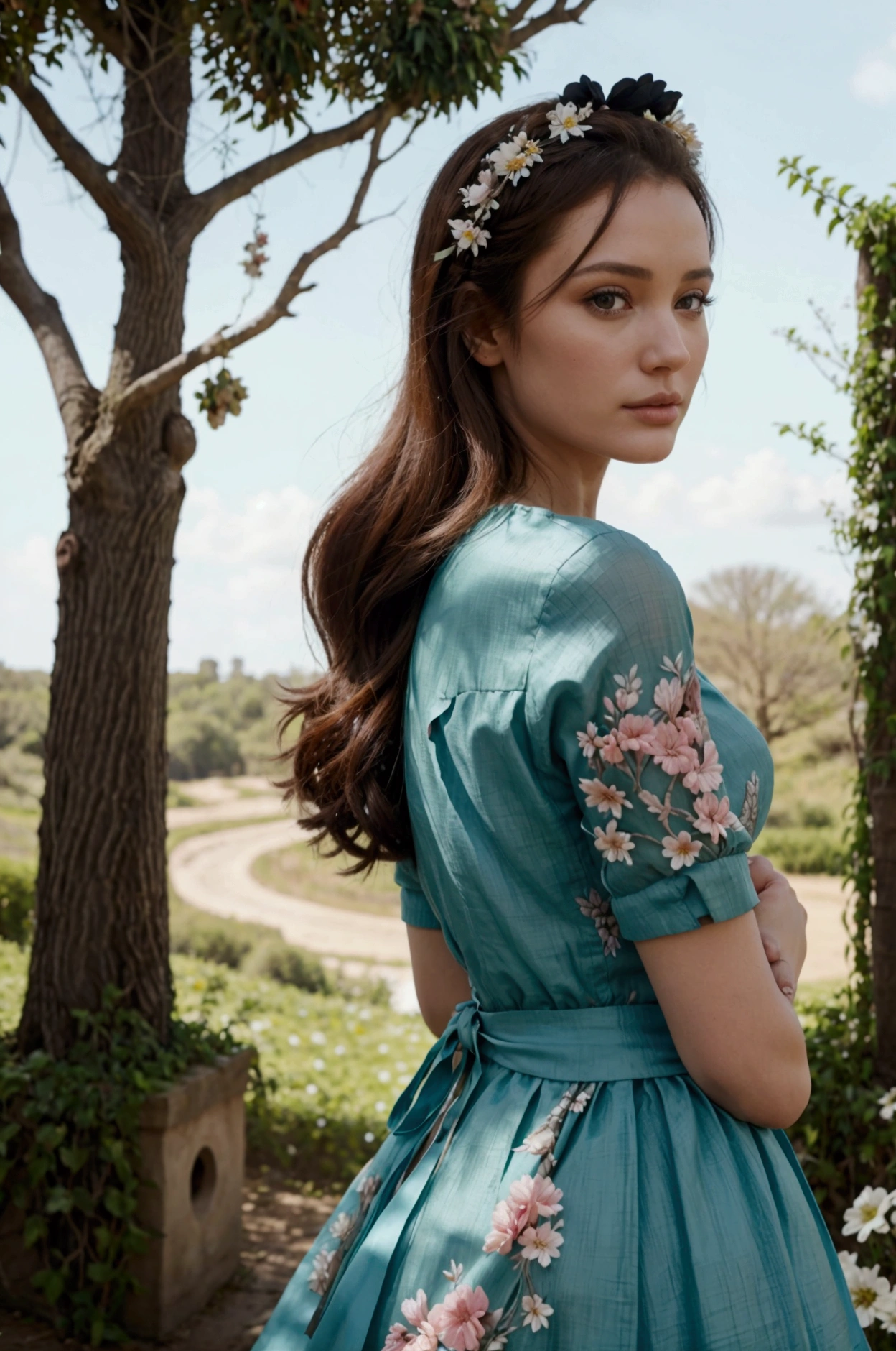 Un jolie paysage avec des jolies fleurs , un jolie arbre avec des oiseaux , des jolies animaux et une jolie femme style gothique 
