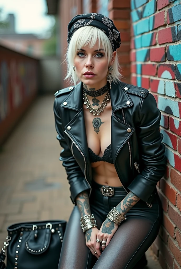 russian old milf woman, platinum blonde (middle part) and wide black flowery bandana as headband, with very light blue eyes, extremely pale. Wearing studded cropped black moto jacket with skull patches on sleeves, black push up bra with white seams , shinny leggings and white tennis sneakers. Metallic bracelets and collars. Tacky wide studded leather belt with oversized skull and bones oval buckle. Long chain earrings. Kneeling like in a payer, looking at the camera, humble facial expression. Hands on her knees, showing off bracelets and rings. studded black leather tote bag with chains on the floor, next to her. Tattoed heavily.  Graffitied brick wall in Nairobi 