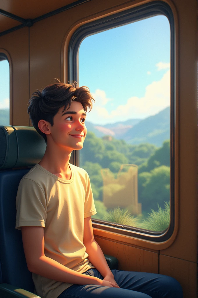 a guy sitting in a train window, smiling