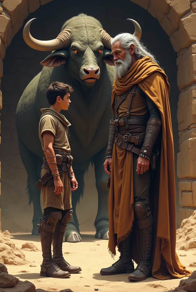 Illustrate a tense interaction between young Duncan Idaho and the overseer Yrsek from Dune: House Atreides. Duncan, a lean and athletic youth in his late teens, stands with a focused and serious expression, his sharp features and intense eyes reflecting his resilience and emerging strength. His dark, slightly tousled hair is kept short, and he wears simple, functional clothing with subtle hints of Atreides colors, indicating his role as a warrior-in-training. Opposite him is Yrsek, a gaunt and weary older man with long, unkempt gray hair and puffy, tired eyes that hint at his exhaustion. Yrsek's demeanor is irritable and frazzled, his authority evident despite his worn appearance. The setting is a dimly lit stable on a rugged, desert-like planet, with the imposing presence of a massive, scaly-skinned bull still lingering in the background, adding to the tension of the scene. The contrast between Duncan's quiet determination and Yrsek's frazzled frustration creates a charged atmosphere as they discuss a critical matter.