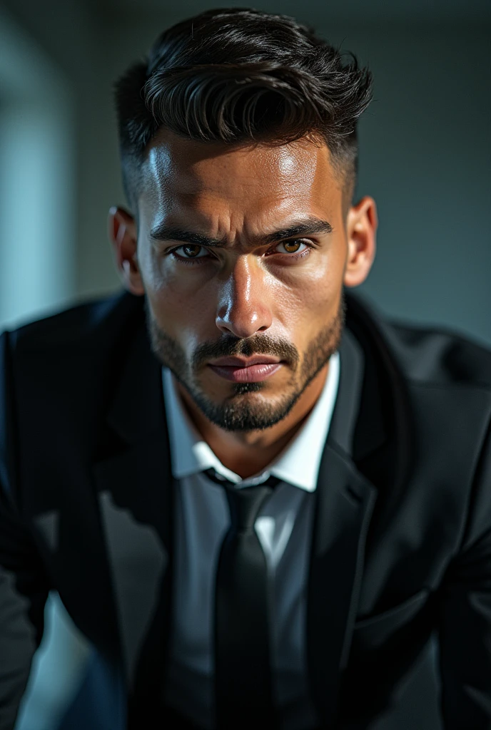 A man with an ambitious expression, ready to succeed, detailed facial features, sharp eyes, chiseled jawline, intense gaze, determined expression, business attire, confident pose, dynamic lighting, cinematic atmosphere, dramatic colors, photorealistic, 8k, ultra-detailed, masterpiece
