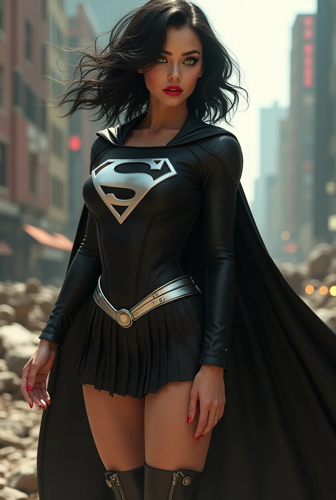 A BUSTY SEXY FEMALE WITH MEDIUM LONG MESSY BLACK HAIR, DREAMY GREEN EYES, WEARING A ONE PIECE BLACK SUPERGIRL TOP WITH A BIG SHINY SILVER "S" EMBLEM ON HER CHEST, A PLEATED SHORT BLACK SKIRT WITH A SILVER LEATHER BELT, LONG BLACK BOOTS WITH SILVER TRIM, AND A LONG BLACK CAPE. RED LIPSTICK, RED FINGERNAILS. INCREDIBLY DETAILED GLOWING SKIN, INCREDIBLEY DETAILED FACE, INCREDIDBLEY DETAILED CLOTHING, TEXTURED SKIN PORES, TEXTURED HAIR, 8K ABSURD RESOLUTION, MASTERPIECE. PHOTO REALSITIC, HYPER REALISTIC. CHAOTIC BACKGROUND. 16K RESOLUTION. PREFESSIONAL GRADE IMAGE.