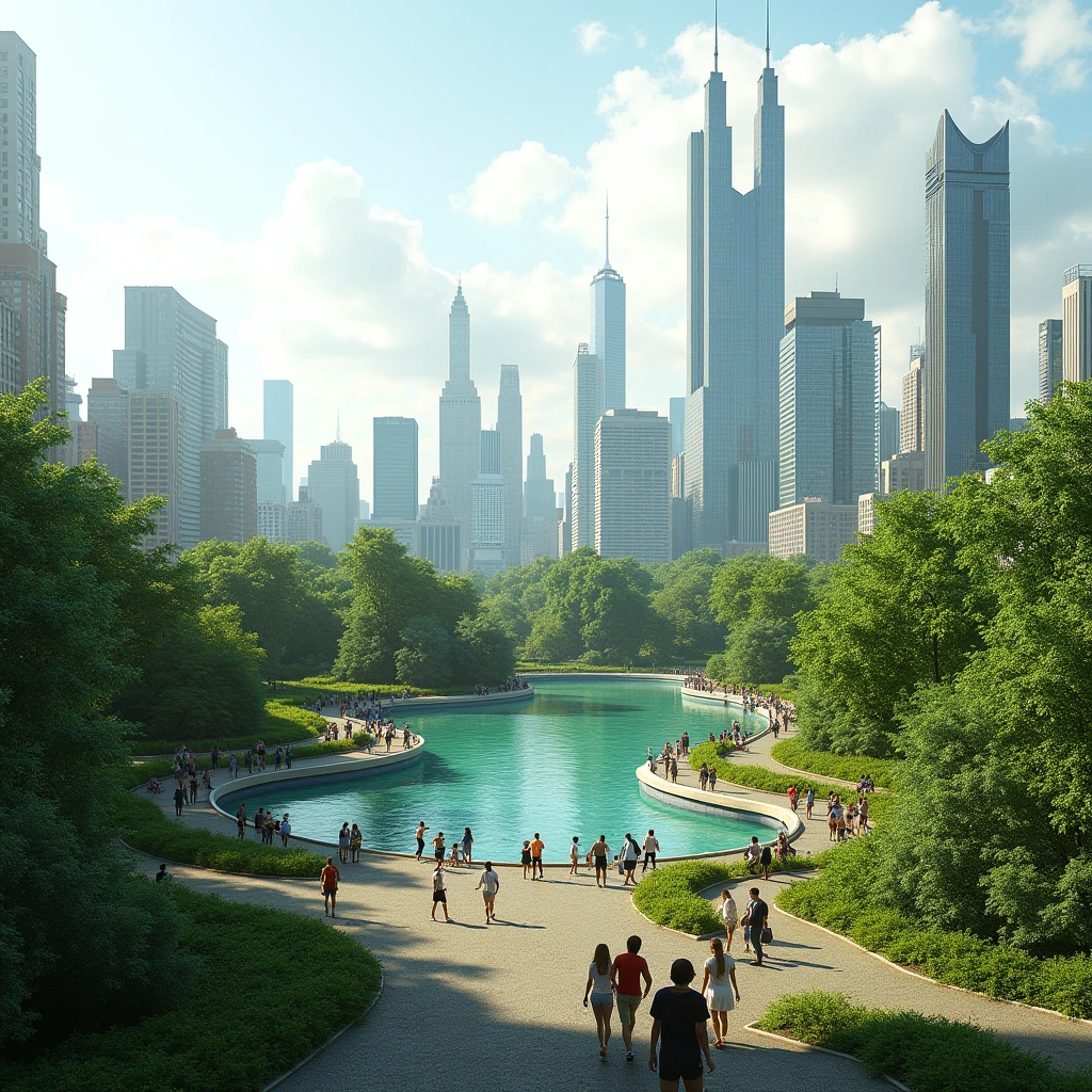 A render of a central park with a lagoon behind it and future constructions in the background , of realistic image, entire plane
