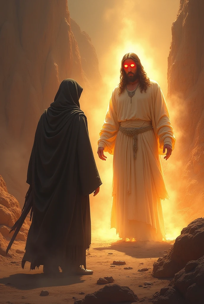 In the arid and rocky desert, a hooded figure approaches Jesus Christ, surrounded by an aura of divine light. The mysterious being's eyes glow a reddish hue, contrasting with the purity of the figure of Jesus.