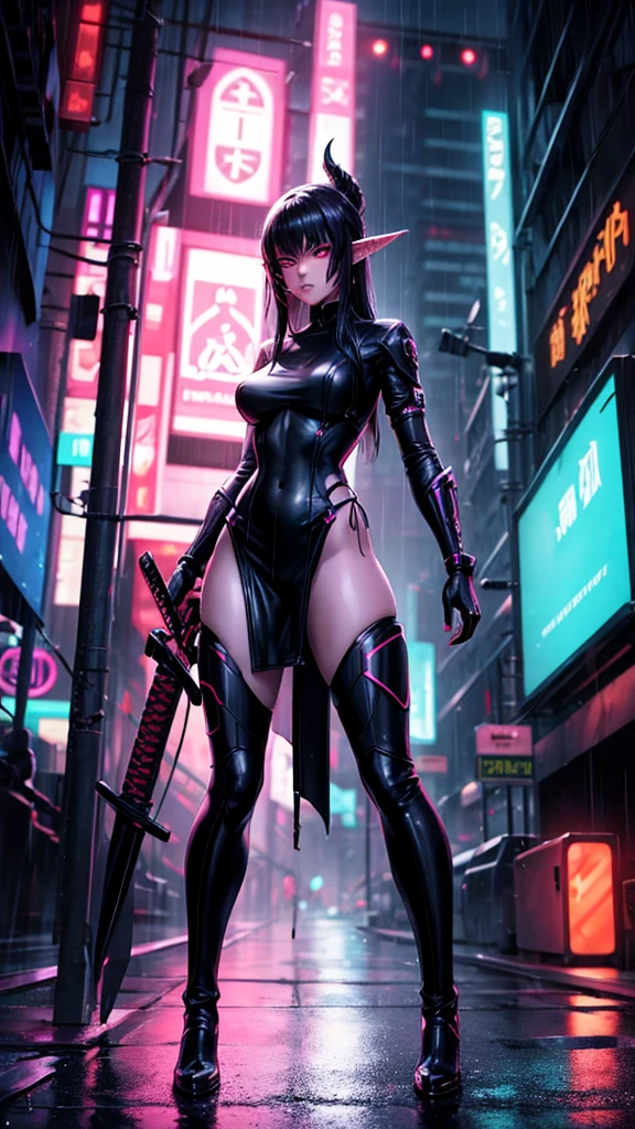dark Elf, Young woman, cyberpunk, full length, night, rain, neon city, katana, blurred background