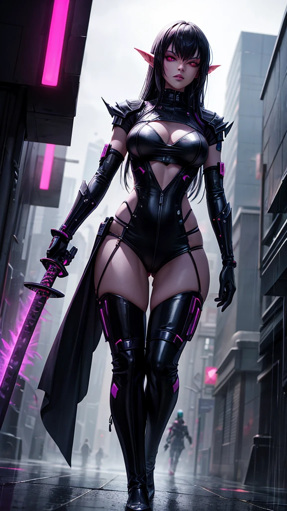dark Elf, Young woman, cyberpunk, full length, night, rain, neon city, katana, blurred background
