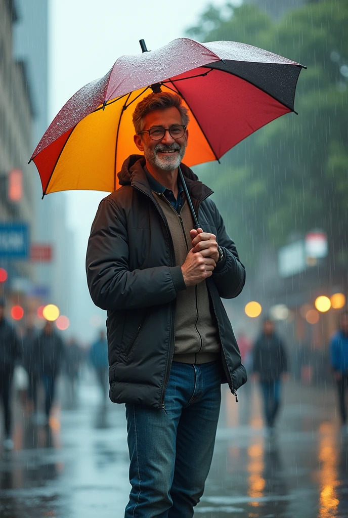 create the same man but happy in the rain with an umbrella