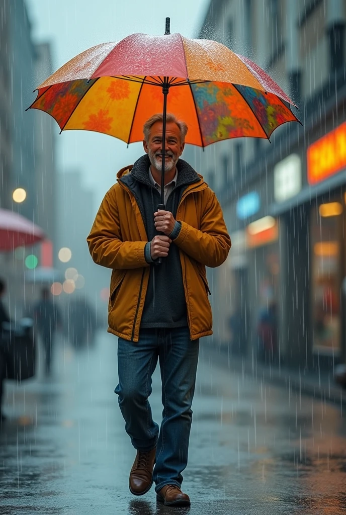 create the same man but happy in the rain with an umbrella