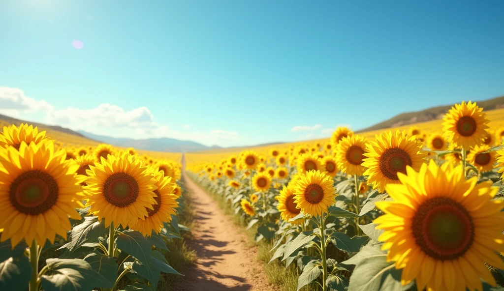 Field of sunflowers, blue sky, warm colors, blue and yellow ribbon, photorealism