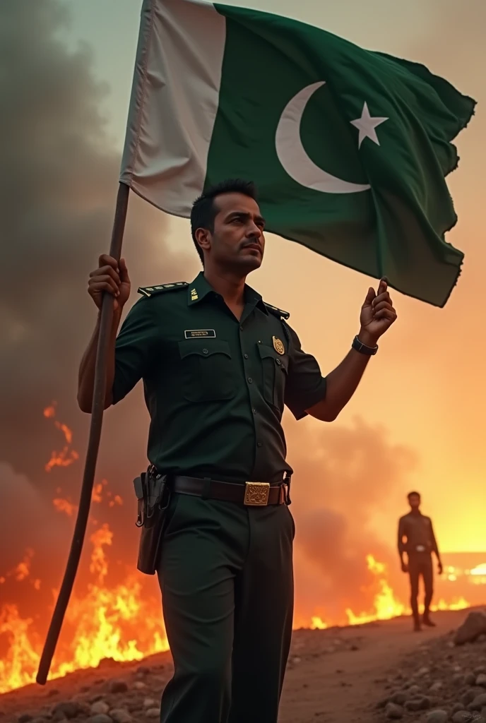 Pakistan police officer stand in fire . Pakistani flag in hand. Dress colour skin colour trouser and black shirt terrorist is back