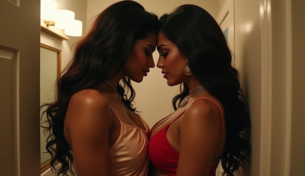Two very sexy indian married woman rivals stare hatefully each other in bathroom pinned each other against wall both women bodies pressed together tightly hugging each other boobs pressed together both have very big boobs long clevage show pink lips detailed eyes detailed long black hair both heavy makeup wearing sexy sleeveless saari silk, very curvy sexy bodies, ultra HD 4k masterpiece, ultra HD 8k masterpiece, cinamtic realistic picture quality