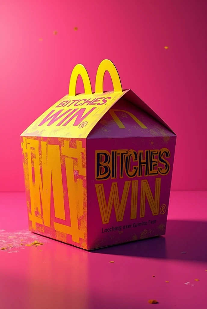 McDonald's style hamburger box with fuchsia and orange where the fuchsia predominates and says bitches win in street style letters