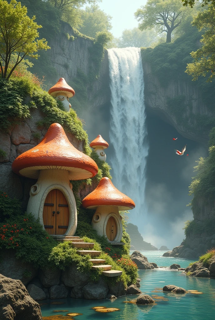 Mushroom houses that stand by a waterfall and where lovebirds fly around

