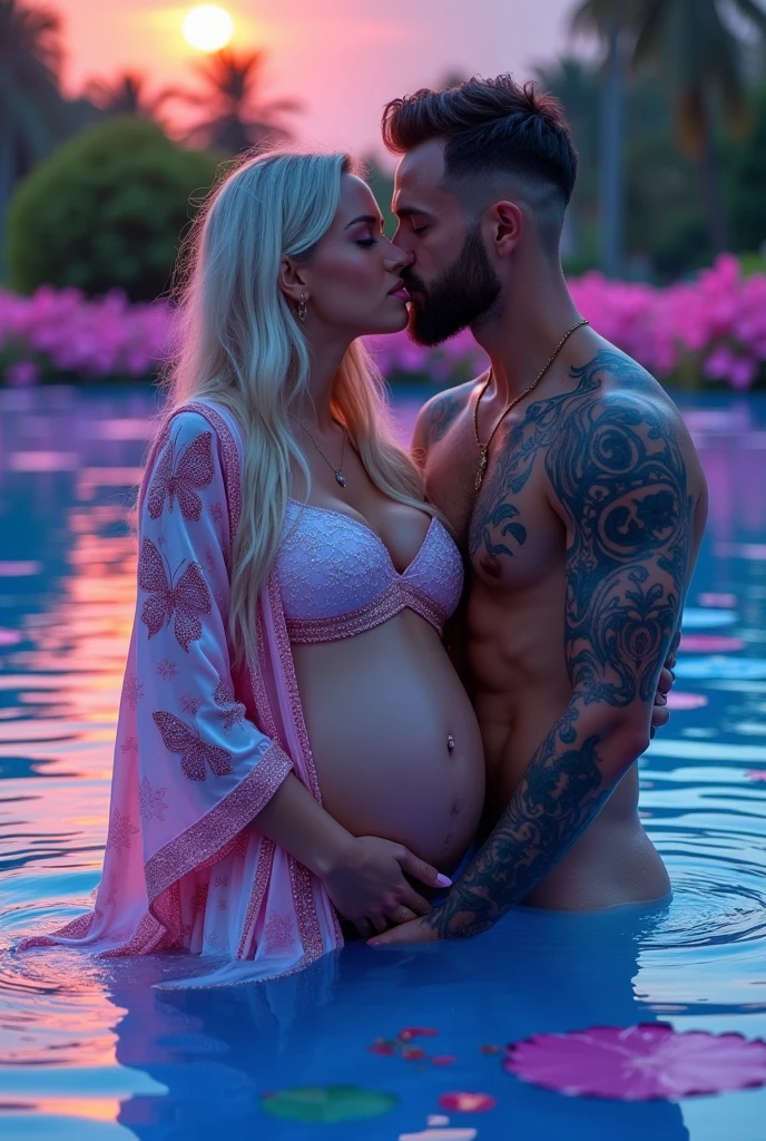 tan skin female with luminous green eyes nude lips wedding ring pink nails French manicure pink and white strawberry hair platinum long hair wearing a boohoo butterfly kimono on the water edge looking at a beautiful neon sunset the water blue and purple pool with hydrographic sparkles sitting in the pool feeling the water with fingers posing in the water neon blue sky neon lily pads neon flowers with husband kissing his lios holding oregnat bump with husband kissing man in tattoos