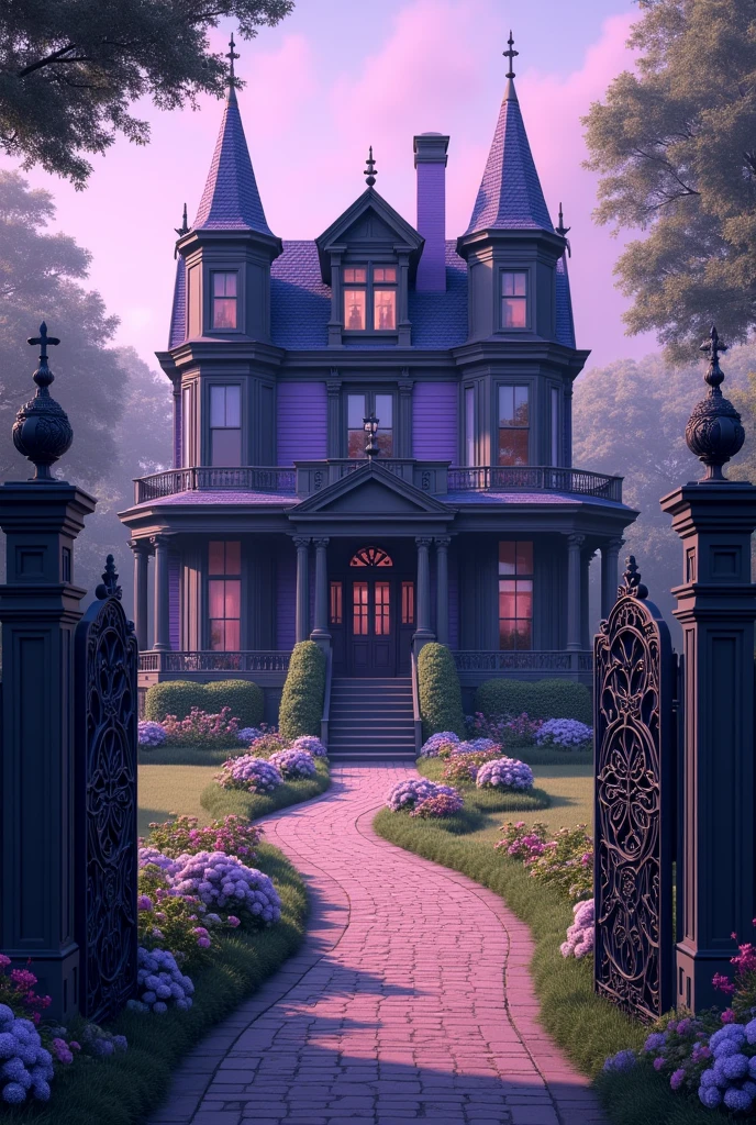 Semi-victorian, lavender and black home with a peak roof, wrap around porch and swing in the front. Two floors and an attic with a beautiful big gothic door. A long walkway lined with a whimsical garden leading to the opening irony gates that have their own beautiful pattern