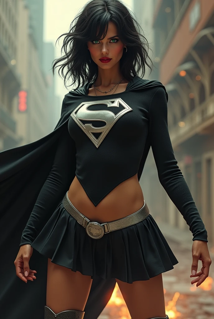 A BUSTY SEXY FEMALE WITH MEDIUM LONG MESSY BLACK HAIR, DREAMY GREEN EYES, WEARING A ONE PIECE BLACK SUPERGIRL TOP WITH A BIG SHINY SILVER "S" EMBLEM ON HER CHEST, A PLEATED SHORT BLACK SKIRT WITH A SILVER LEATHER BELT, LONG BLACK BOOTS WITH SILVER TRIM, AND A LONG BLACK CAPE. RED LIPSTICK, RED FINGERNAILS. INCREDIBLY DETAILED GLOWING SKIN, INCREDIBLEY DETAILED FACE, INCREDIDBLEY DETAILED CLOTHING, TEXTURED SKIN PORES, TEXTURED HAIR, 8K ABSURD RESOLUTION, MASTERPIECE. PHOTO REALSITIC, HYPER REALISTIC. CHAOTIC BACKGROUND. 16K RESOLUTION. PREFESSIONAL GRADE IMAGE.