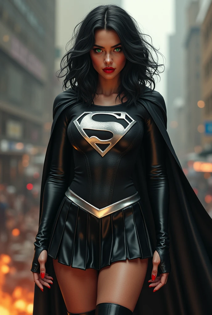 A BUSTY SEXY FEMALE WITH MEDIUM LONG MESSY BLACK HAIR, DREAMY GREEN EYES, WEARING A ONE PIECE BLACK SUPERGIRL TOP WITH A BIG SHINY SILVER "S" EMBLEM ON HER CHEST, A PLEATED SHORT BLACK SKIRT WITH A SILVER LEATHER BELT, LONG BLACK BOOTS WITH SILVER TRIM, AND A LONG BLACK CAPE. RED LIPSTICK, RED FINGERNAILS. INCREDIBLY DETAILED GLOWING SKIN, INCREDIBLEY DETAILED FACE, INCREDIDBLEY DETAILED CLOTHING, TEXTURED SKIN PORES, TEXTURED HAIR, 8K ABSURD RESOLUTION, MASTERPIECE. PHOTO REALSITIC, HYPER REALISTIC. CHAOTIC BACKGROUND. 16K RESOLUTION. PREFESSIONAL GRADE IMAGE.