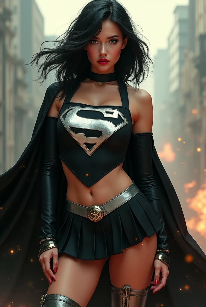 A BUSTY SEXY FEMALE WITH MEDIUM LONG MESSY BLACK HAIR, DREAMY GREEN EYES, WEARING A ONE PIECE BLACK SUPERGIRL TOP WITH A BIG SHINY SILVER "S" EMBLEM ON HER CHEST, A PLEATED SHORT BLACK SKIRT WITH A SILVER LEATHER BELT, LONG BLACK BOOTS WITH SILVER TRIM, AND A LONG BLACK CAPE. RED LIPSTICK, RED FINGERNAILS. INCREDIBLY DETAILED GLOWING SKIN, INCREDIBLEY DETAILED FACE, INCREDIDBLEY DETAILED CLOTHING, TEXTURED SKIN PORES, TEXTURED HAIR, 8K ABSURD RESOLUTION, MASTERPIECE. PHOTO REALSITIC, HYPER REALISTIC. CHAOTIC BACKGROUND. 16K RESOLUTION. PREFESSIONAL GRADE IMAGE.