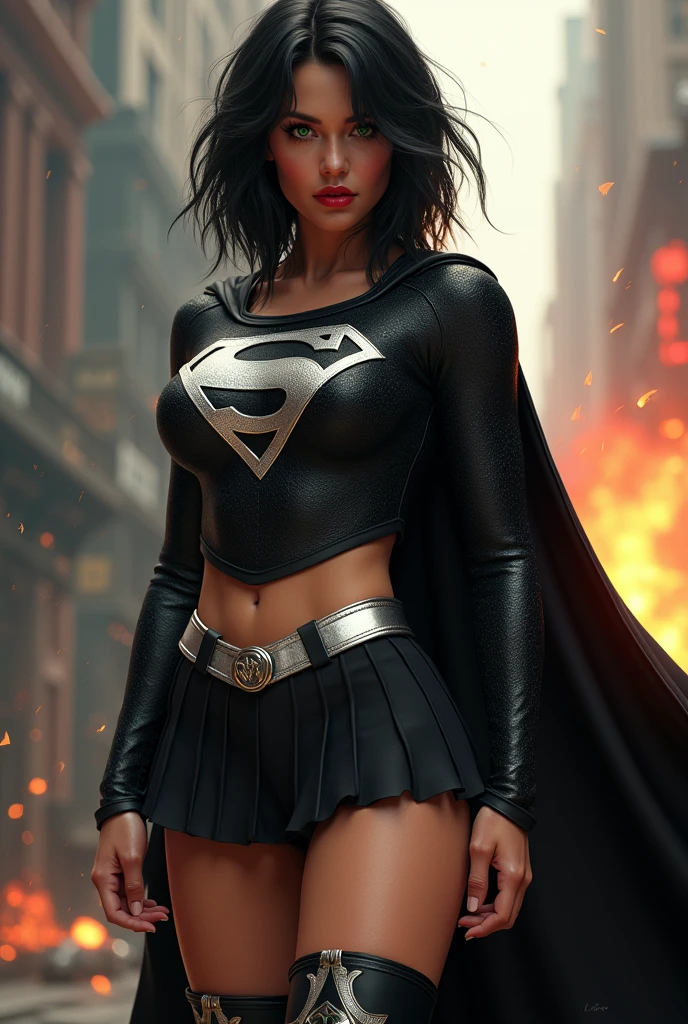 A BUSTY SEXY FEMALE WITH MEDIUM LONG MESSY BLACK HAIR, DREAMY GREEN EYES, WEARING A ONE PIECE BLACK SUPERGIRL TOP WITH A BIG SHINY SILVER "S" EMBLEM ON HER CHEST, A PLEATED SHORT BLACK SKIRT WITH A SILVER LEATHER BELT, LONG BLACK BOOTS WITH SILVER TRIM, AND A LONG BLACK CAPE. RED LIPSTICK, RED FINGERNAILS. INCREDIBLY DETAILED GLOWING SKIN, INCREDIBLEY DETAILED FACE, INCREDIDBLEY DETAILED CLOTHING, TEXTURED SKIN PORES, TEXTURED HAIR, 8K ABSURD RESOLUTION, MASTERPIECE. PHOTO REALSITIC, HYPER REALISTIC. CHAOTIC BACKGROUND. 16K RESOLUTION. PREFESSIONAL GRADE IMAGE.