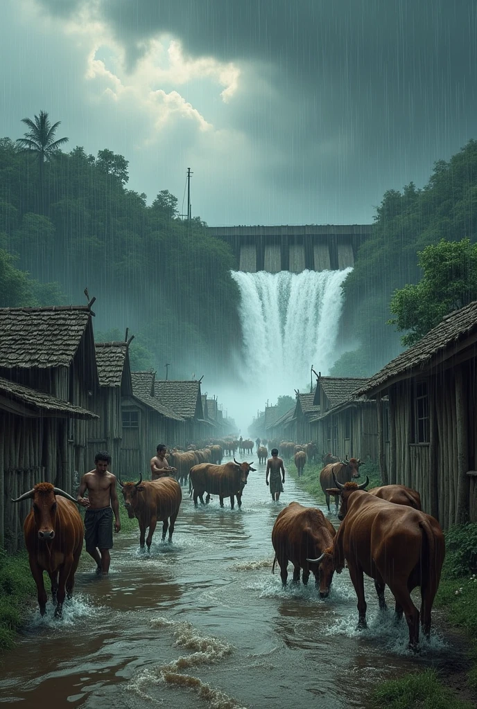 A village building, hut, many people, men, women, children, some cows are drowning inside the water because of the flood water. Rain is coming from the dark cloudy sky above. Behind a dam from where the water is continuously falling from where this flood is caused.