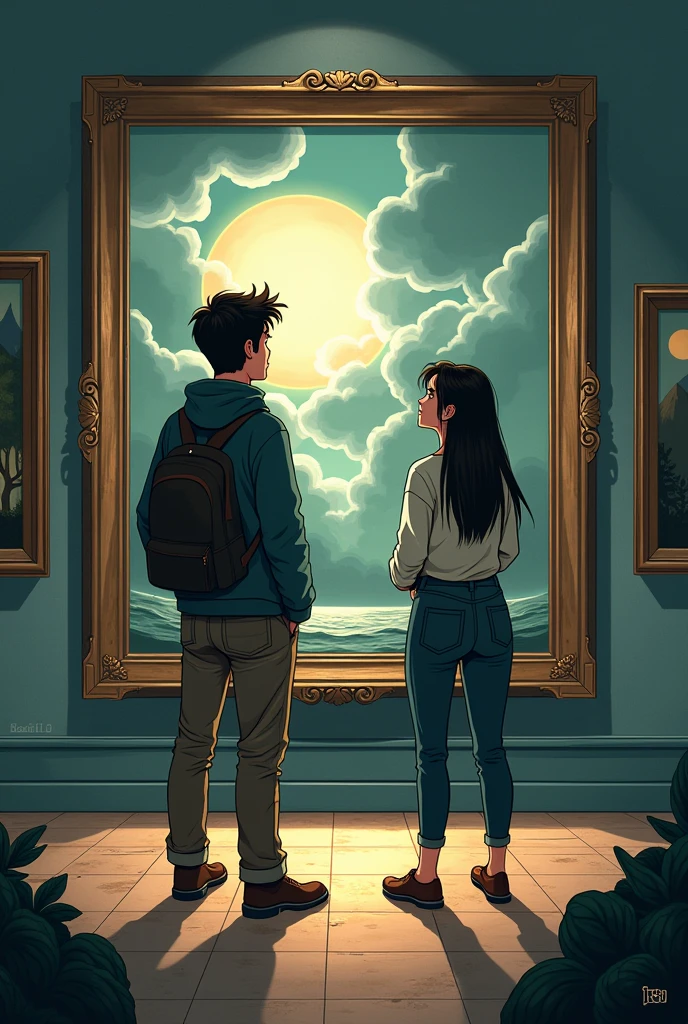 I need a book cover with a woman and a man admiring a work of art in a museum and on the cover it says "The Silence of the Storm". I don't want something very realistic, I want something more cartoonish. I want brown, black, white, green, cool colors and the title in Portuguese. I want them more young adult, but I loved this one.