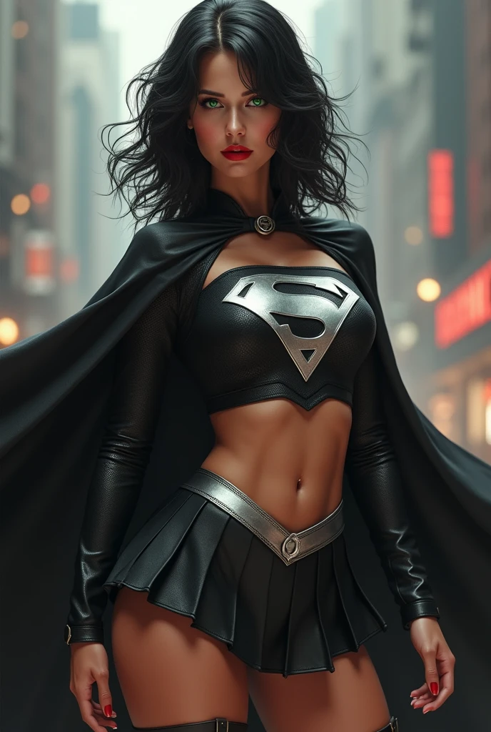 A BUSTY SEXY FEMALE WITH MEDIUM LONG MESSY BLACK HAIR, DREAMY GREEN EYES, WEARING A ONE PIECE BLACK SUPERGIRL TOP WITH A BIG SHINY SILVER "S" EMBLEM ON HER CHEST, A PLEATED SHORT BLACK SKIRT WITH A SILVER LEATHER BELT, LONG BLACK BOOTS WITH SILVER TRIM, AND A LONG BLACK CAPE. RED LIPSTICK, RED FINGERNAILS. INCREDIBLY DETAILED GLOWING SKIN, INCREDIBLEY DETAILED FACE, INCREDIDBLEY DETAILED CLOTHING, TEXTURED SKIN PORES, TEXTURED HAIR, 8K ABSURD RESOLUTION, MASTERPIECE. PHOTO REALSITIC, HYPER REALISTIC. CHAOTIC BACKGROUND. 16K RESOLUTION. PREFESSIONAL GRADE IMAGE.