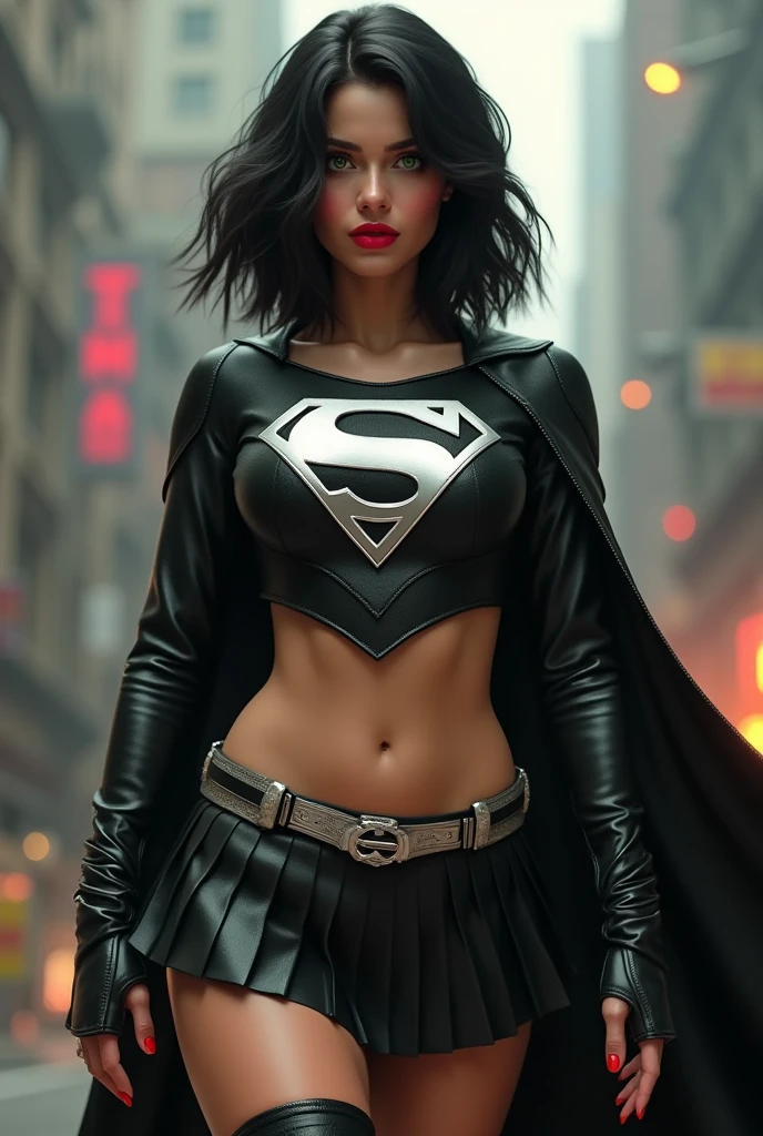 A BUSTY SEXY FEMALE WITH MEDIUM LONG MESSY BLACK HAIR, DREAMY GREEN EYES, WEARING A ONE PIECE BLACK SUPERGIRL TOP WITH A BIG SHINY SILVER "S" EMBLEM ON HER CHEST, A PLEATED SHORT BLACK SKIRT WITH A SILVER LEATHER BELT, LONG BLACK BOOTS WITH SILVER TRIM, AND A LONG BLACK CAPE. RED LIPSTICK, RED FINGERNAILS. INCREDIBLY DETAILED GLOWING SKIN, INCREDIBLEY DETAILED FACE, INCREDIDBLEY DETAILED CLOTHING, TEXTURED SKIN PORES, TEXTURED HAIR, 8K ABSURD RESOLUTION, MASTERPIECE. PHOTO REALSITIC, HYPER REALISTIC. CHAOTIC BACKGROUND. 16K RESOLUTION. PREFESSIONAL GRADE IMAGE.