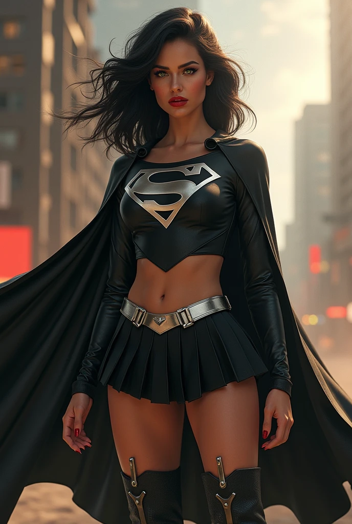 A BUSTY SEXY FEMALE WITH MEDIUM LONG MESSY BLACK HAIR, DREAMY GREEN EYES, WEARING A ONE PIECE BLACK SUPERGIRL TOP WITH A BIG SHINY SILVER "S" EMBLEM ON HER CHEST, A PLEATED SHORT BLACK SKIRT WITH A SILVER LEATHER BELT, LONG BLACK BOOTS WITH SILVER TRIM, AND A LONG BLACK CAPE. RED LIPSTICK, RED FINGERNAILS. INCREDIBLY DETAILED GLOWING SKIN, INCREDIBLEY DETAILED FACE, INCREDIDBLEY DETAILED CLOTHING, TEXTURED SKIN PORES, TEXTURED HAIR, 8K ABSURD RESOLUTION, MASTERPIECE. PHOTO REALSITIC, HYPER REALISTIC. CHAOTIC BACKGROUND. 16K RESOLUTION. PREFESSIONAL GRADE IMAGE.