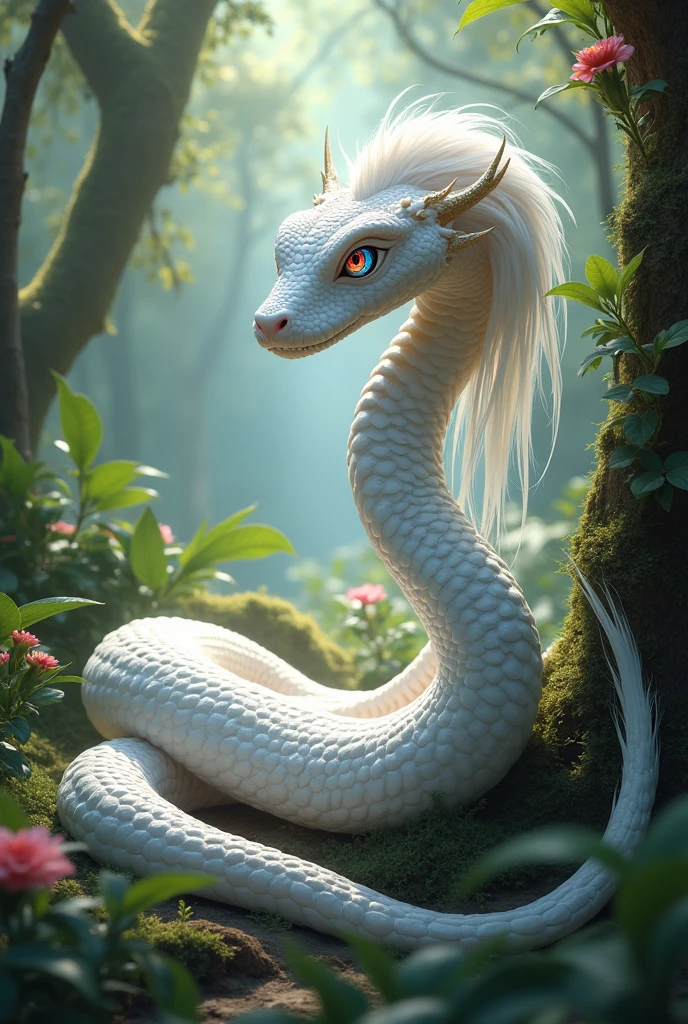 Beautiful white snake with long hair and colorful eyes in jungle