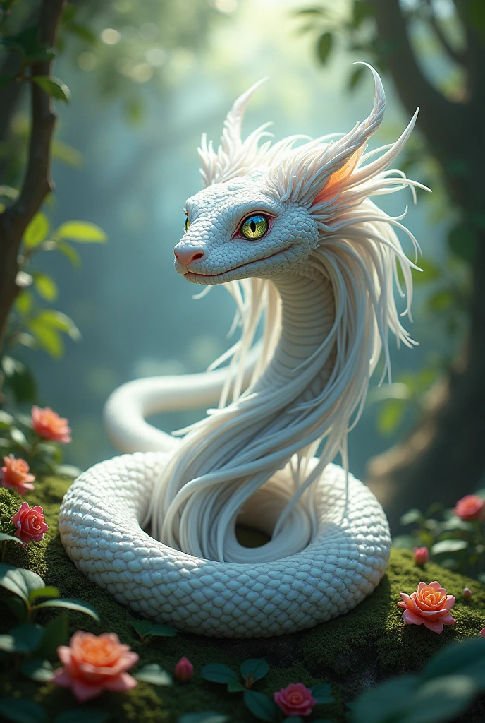 Beautiful white snake with long hair and colorful eyes in jungle