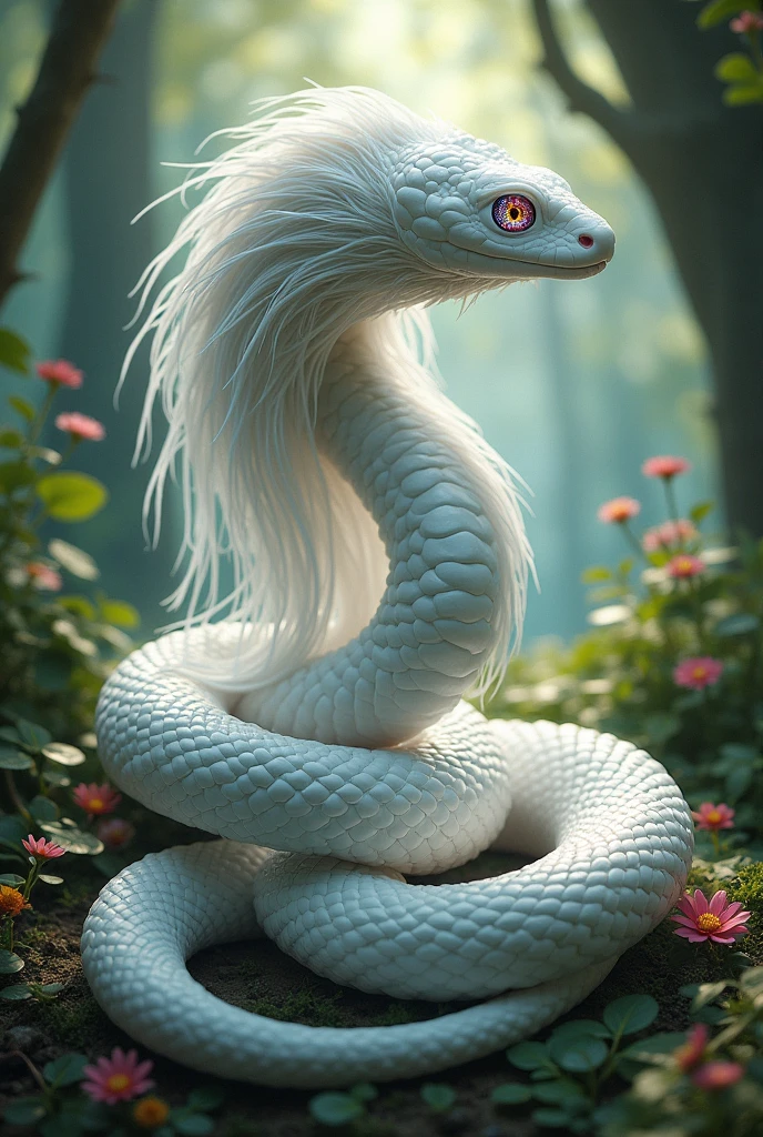 Beautiful white snake with long hair and colorful eyes in jungle