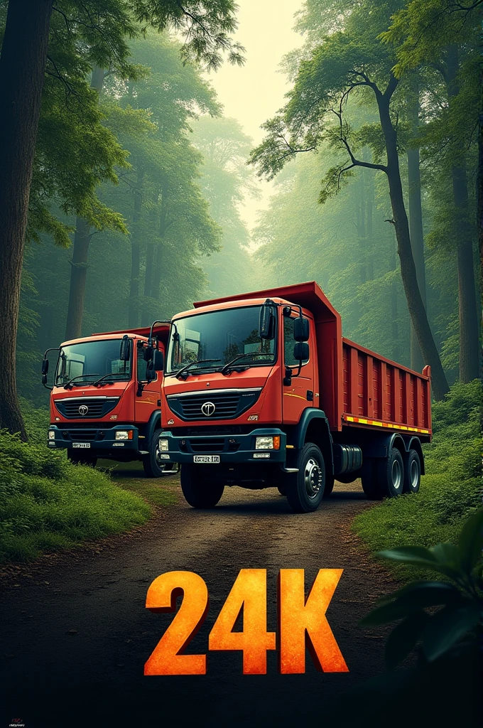 Make a poster with backround with 'tata se 1613 trucks'and some woods in side of the poster.middle write  '24K' in a super font