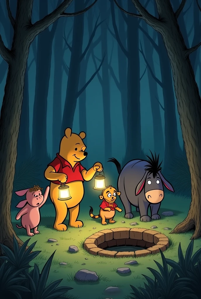 Four figures in simple clothing, each holding a lantern, exploring the forest. Christopher is in the lead, looking intently at the well with an expression of determination and curiosity. Piglet is behind, with a look of fear and concern, trembling slightly. Eeyore, with a sad posture and head bowed, shows an air of pessimism, while Tigger, despite his cheerful appearance, displays signs of unease. The background features tall, dark trees, with mist beginning to envelop the explorers.