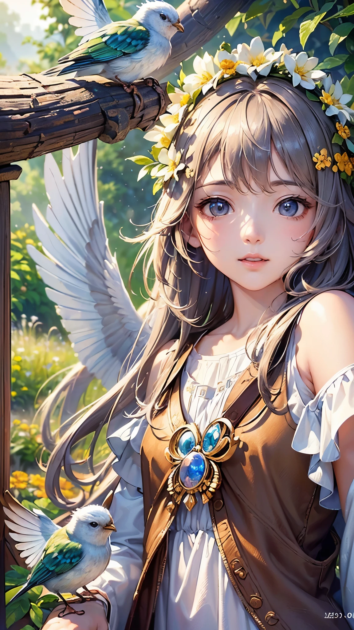 ((Highest quality)),(Ultra-high resolution),(Super detailed),(Detailed Description),((The best CG)),(masterpiece),Highly detailed art,(Art with precise detail:1.5), Like a little bird, Gentle Eyes, mutter, spring, Wind, Kindness, sun, Intensity, Amusement, Light steps, Looking Ahead, Adorable, crop, happiness