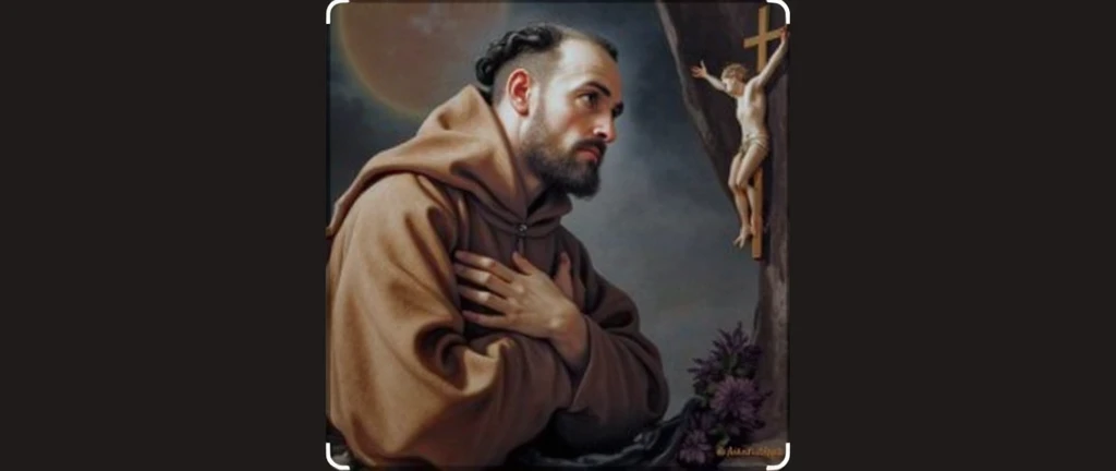 Create an image of Saint Francis of Assisi. He is represented with a partially bald head, but still with hair on the sides, in a posture of devotion. of very high quality in a white setting, wearing a simple brown habit with a rope belt with three knots. His hands bear stigmata He is portrayed in a moment of prayerful ecstasy
