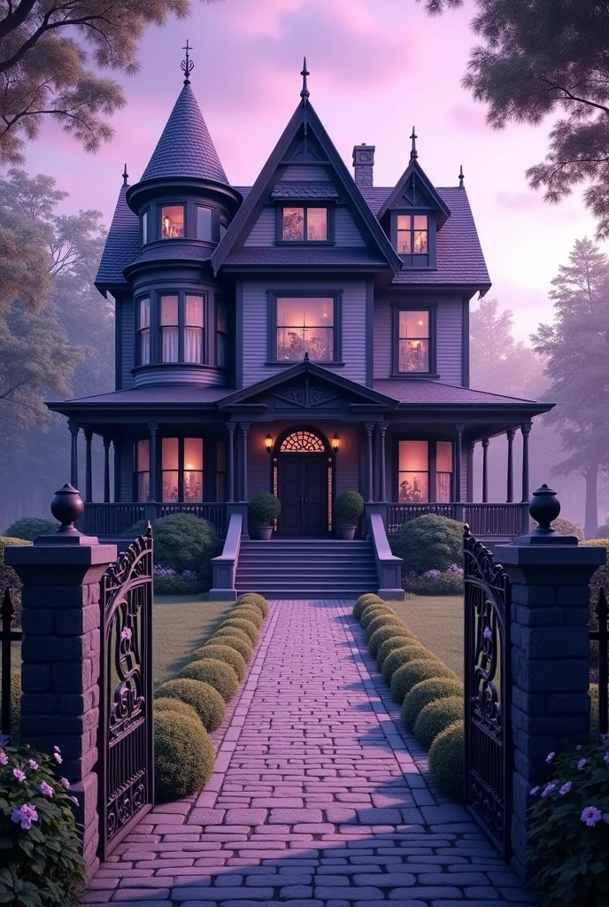 Semi-victorian, lavender and black home with a peak roof, wrap around porch and swing in the front. Two floors and an attic with a beautiful big gothic door. A long walkway lined with a whimsical garden leading to the opening irony gates that have their own beautiful pattern