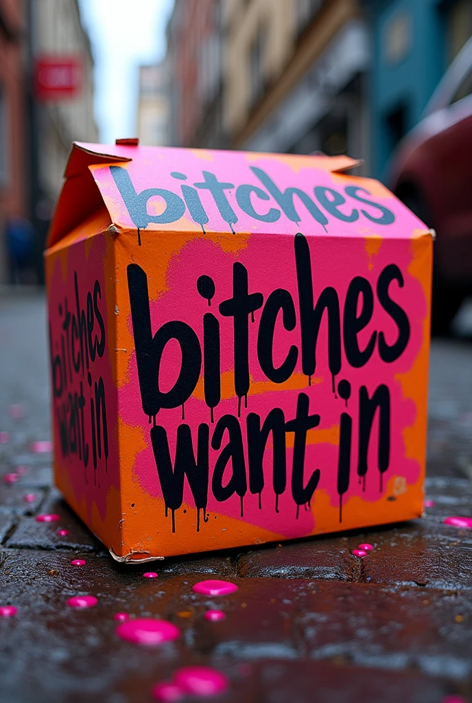 Big Mac type hamburger box with fuchsia and orange where the fuchsia predominates and says bitches want in street type letters