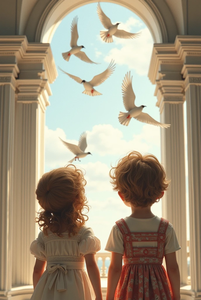 kids at balcony; pillars with vaulte arch; front view; with dress; caravaggio painting; white architecture; kids trying to get the birds at the top of guard; hight quality face; back of the kids